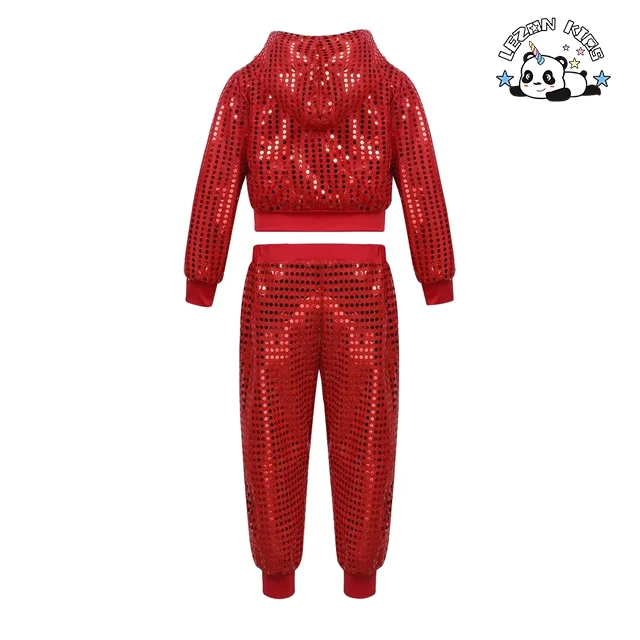 LEZONKIDS - Conjunto Personalizado de Top com Capuz e Calças com Lantejoulas para Meninas Camisa Esportiva Colorida para Festa de Dança de Verão
